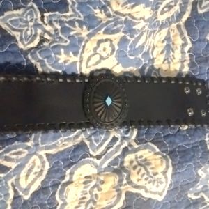 Black Leather Snap Bracelet with Turquoise Accent Brooch 8" NWOT